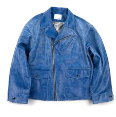 画像1: Crack NAVY leather double wide jacket (1)